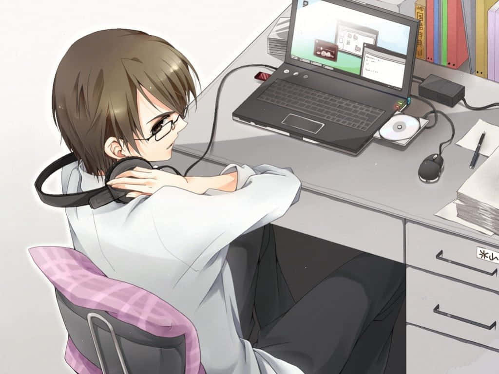 A Lonely Anime Boy, Mesmerized By The World Of Computers Background