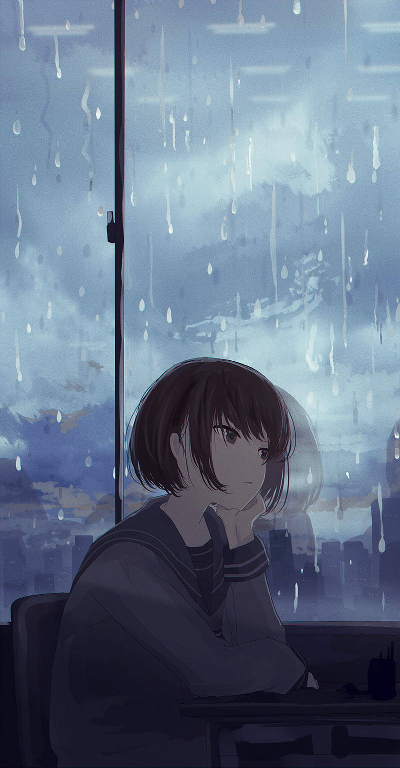 A Lonely Anime Girl Stares At Her Phone, Feeling Despondent. Background