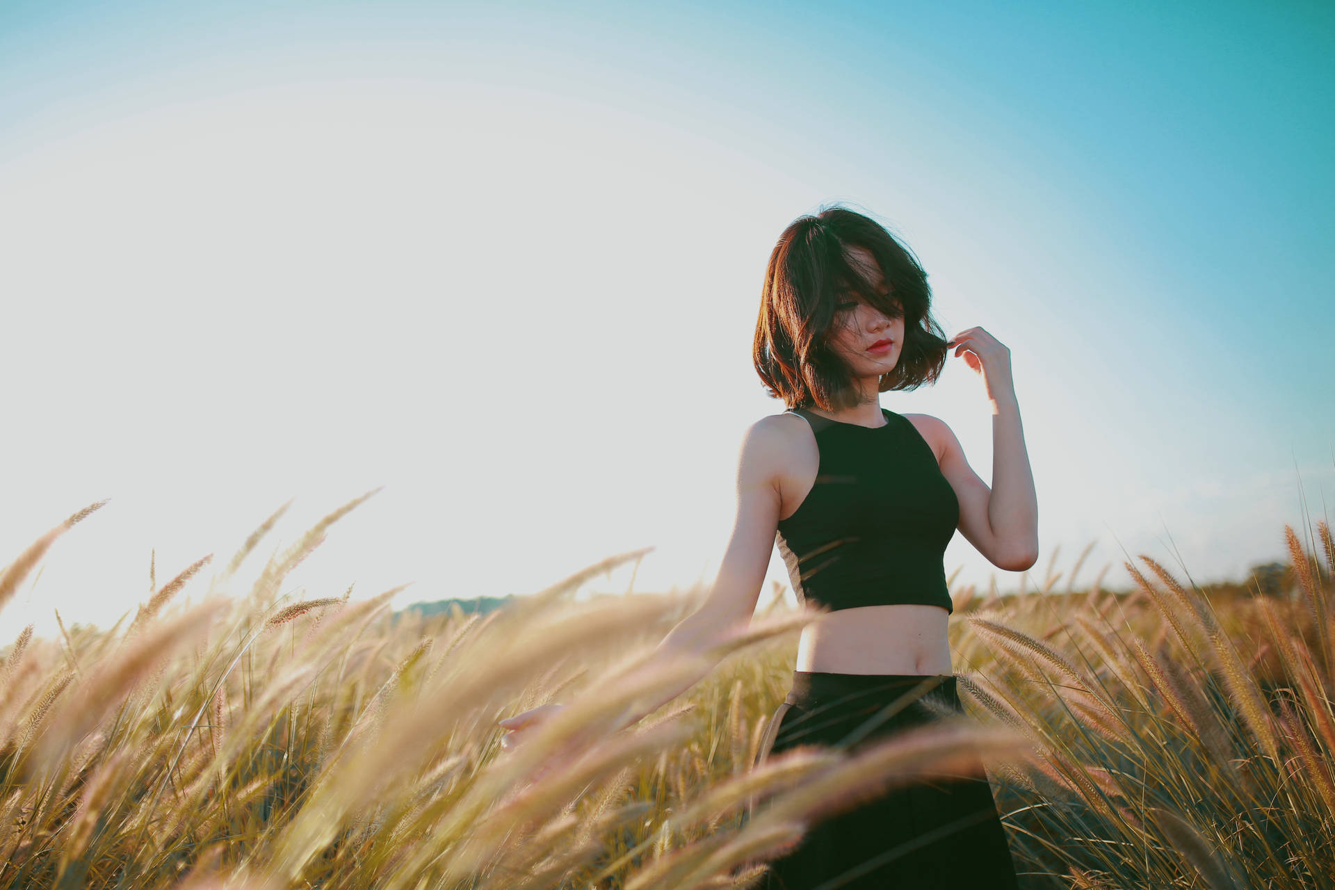 A Lonely Girl Walking In A Sunlit Field Background