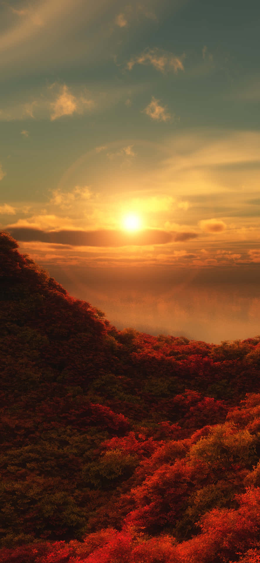 A Lonely Red Tree Standing Tall In A Serene Meadow Background