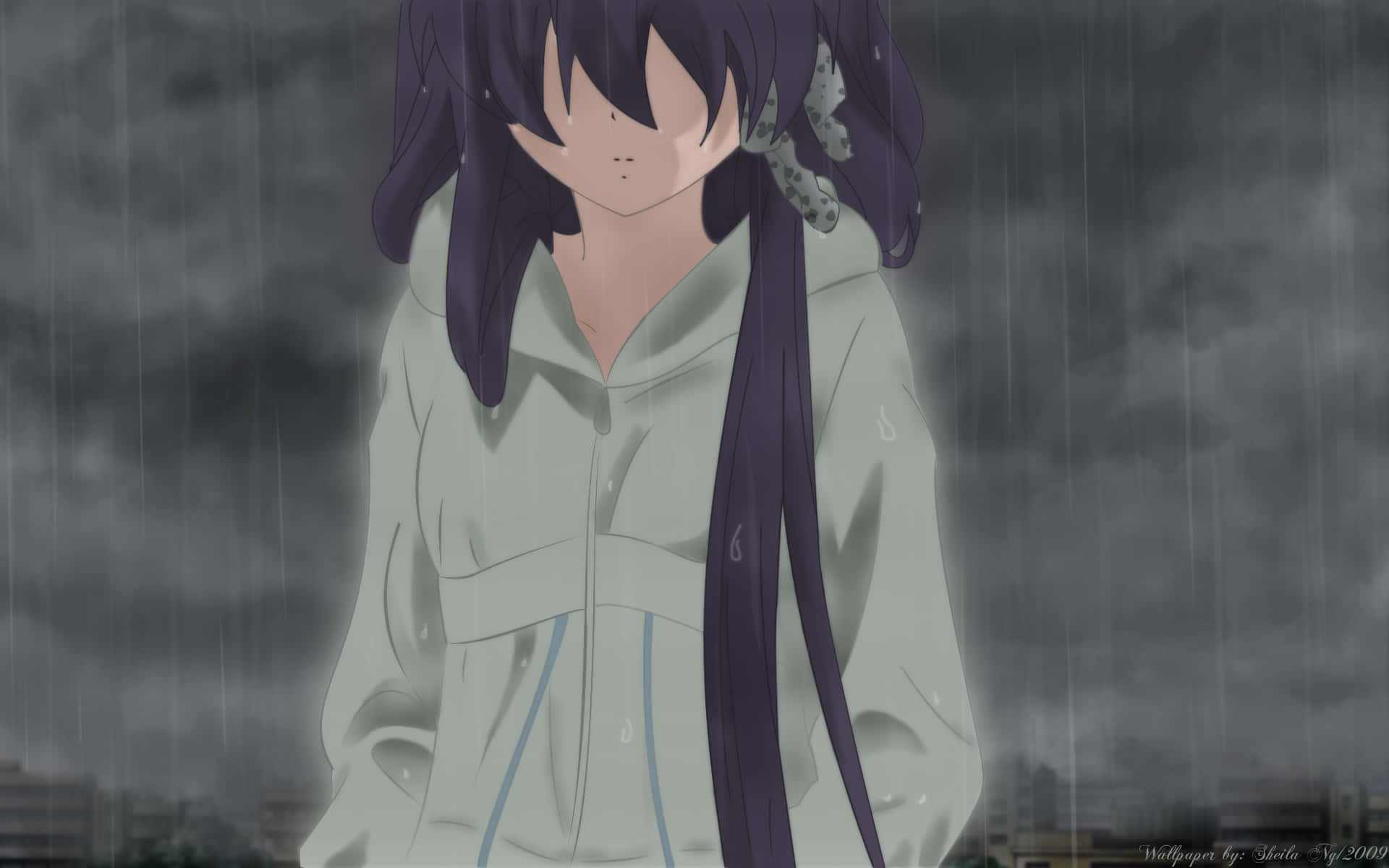 A Lonely Yet Beautiful Anime Girl Looking Out Over A City Skyline With A Feeling Of Sadness. Background