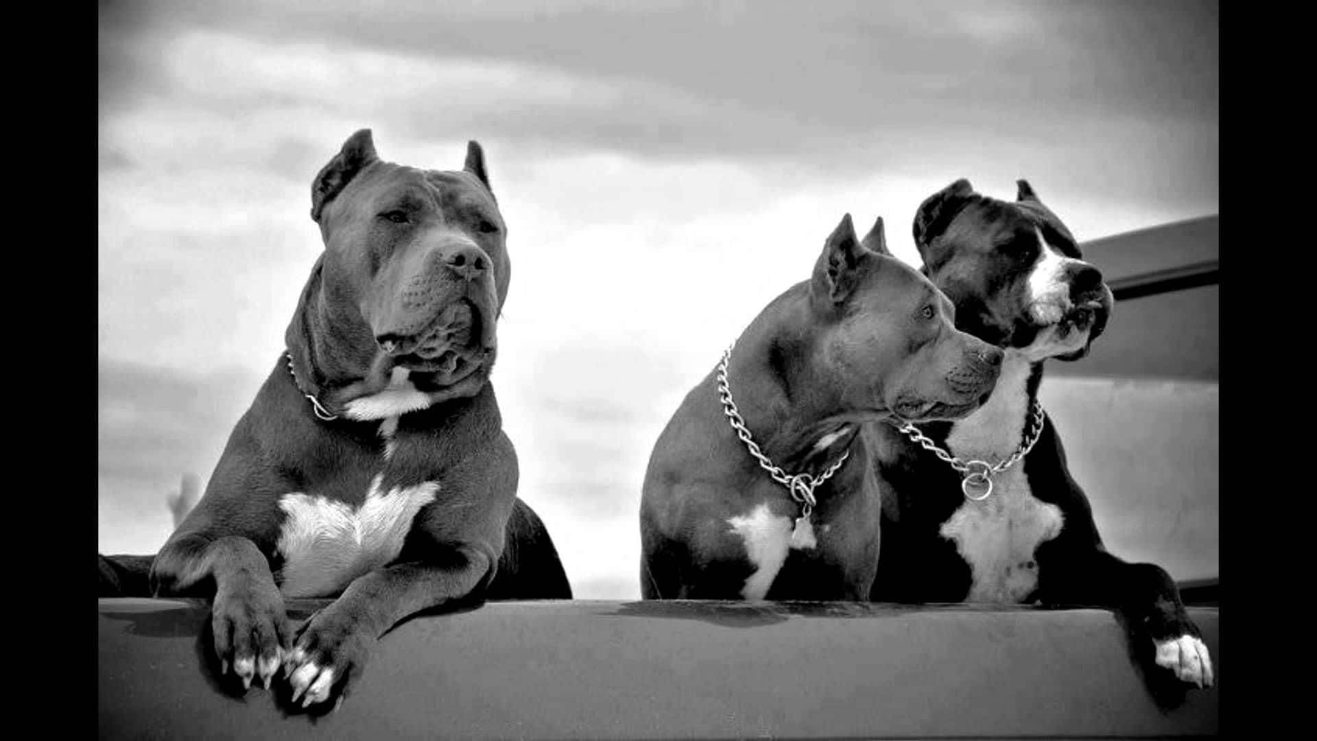 A Loyal Black Pitbull Seated Happy Against A White Wall. Background