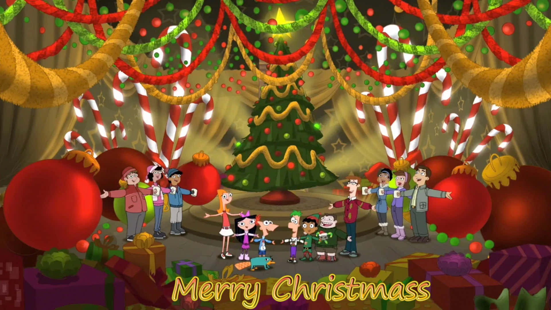A Magical 3d Christmas Scene Featuring A Sparkling Christmas Tree, Gifts, And Snowflakes Background