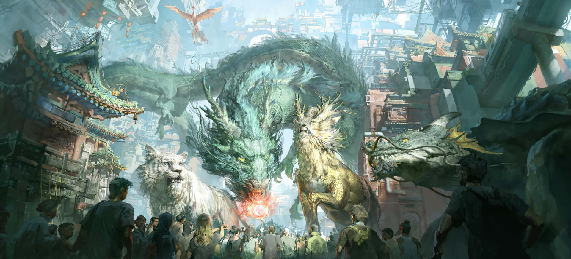A Magical Mythical Dragon Soars Across The Sky As Fire And Ice Swirl Around It. Background