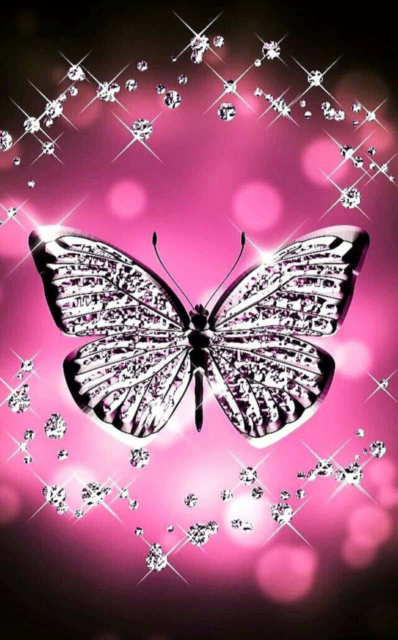 A Magical Pink Glitter Butterfly Sparkles In The Light. Background