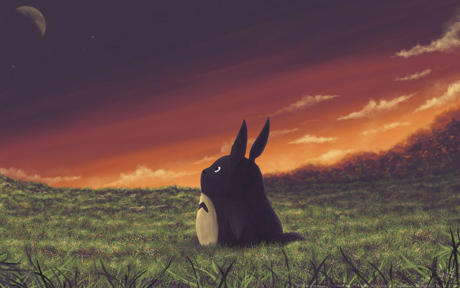 A Magical Sunset In The Field With Totoro Background