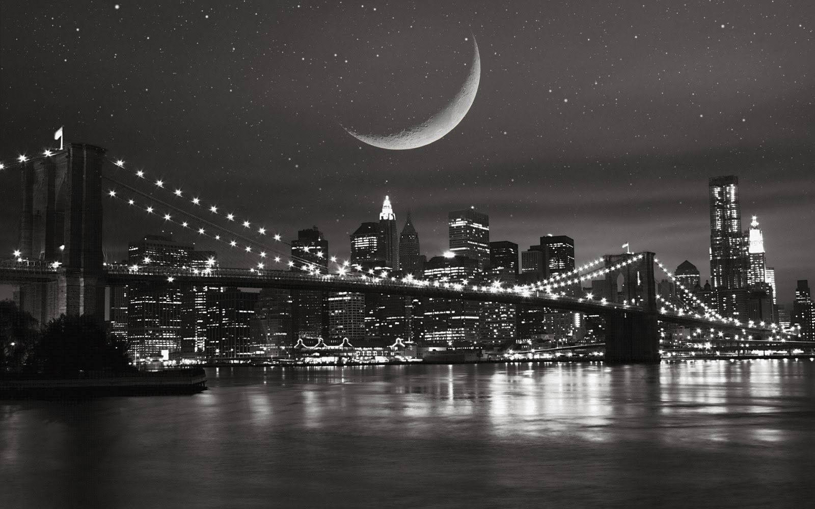 A Majestic Capture Of New York City Under The Starry Night Sky In Black And White Background