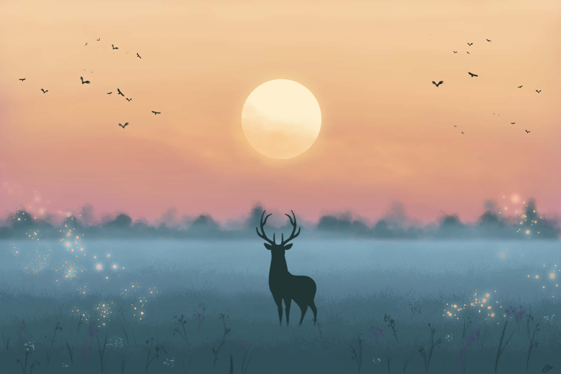 A Majestic Deer Jumps Gracefully Through A Sunlit Field Background