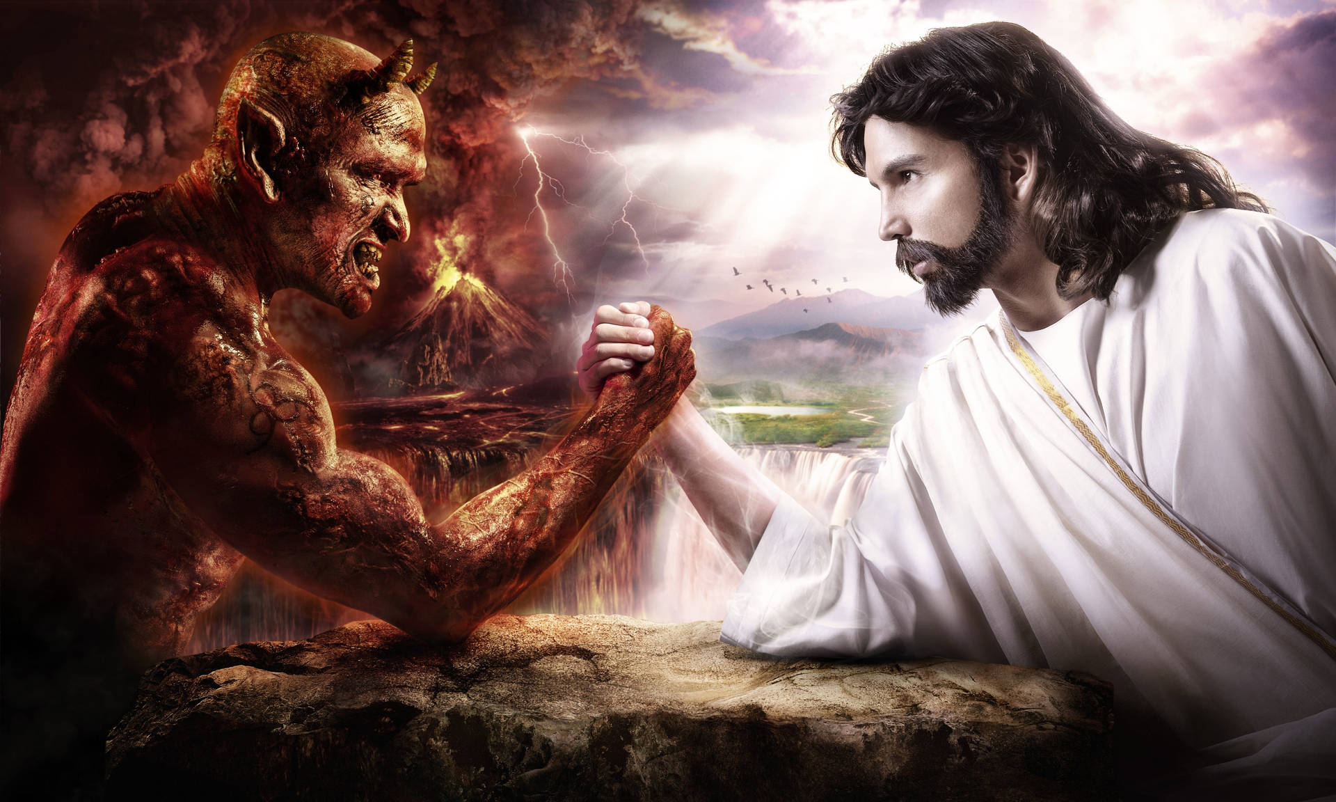A Majestic Duel: Jesus Christ Confronting The Devil Background