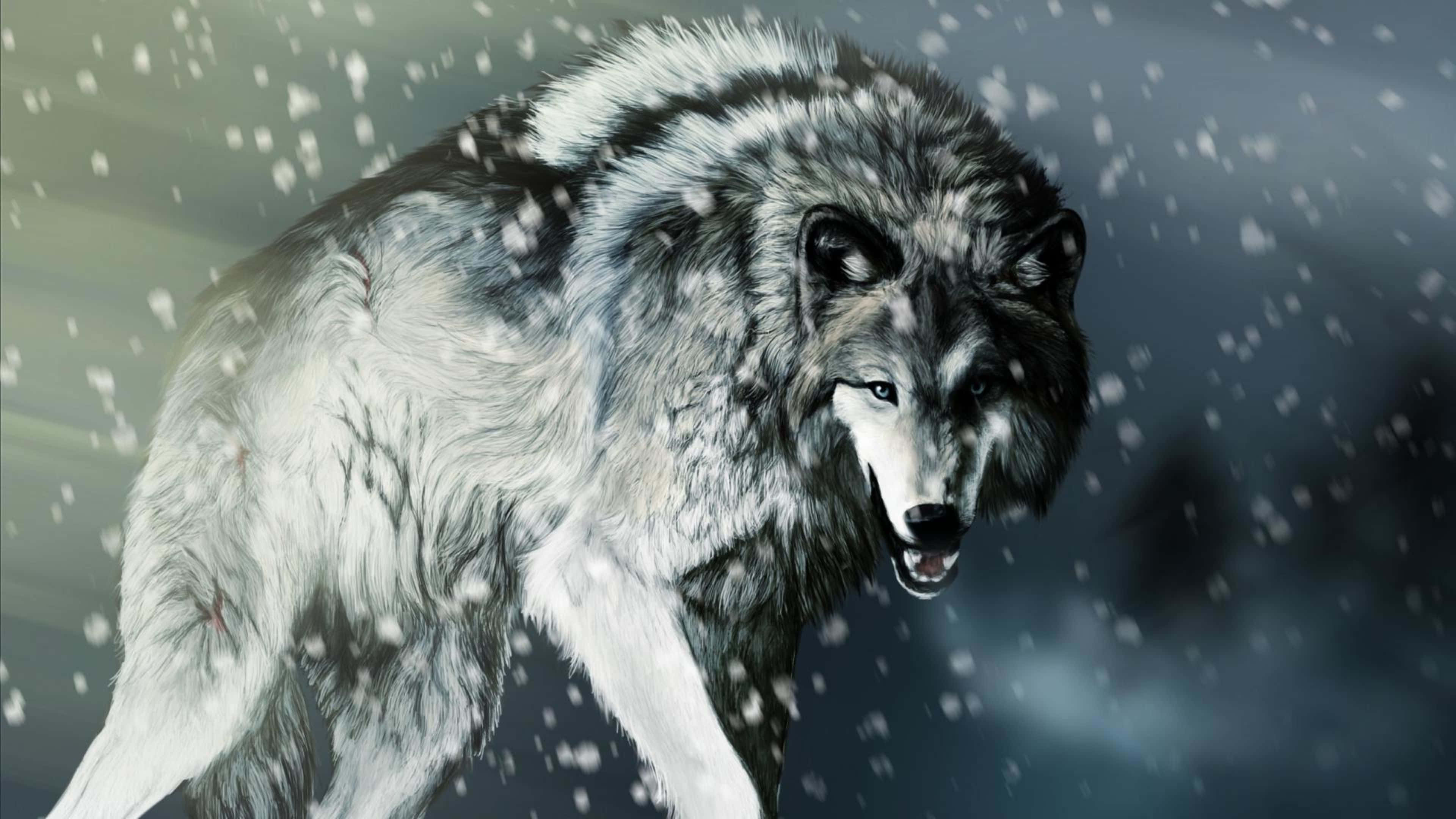 A Majestic Fire And Water Wolf Stand Guard In The Night. Background
