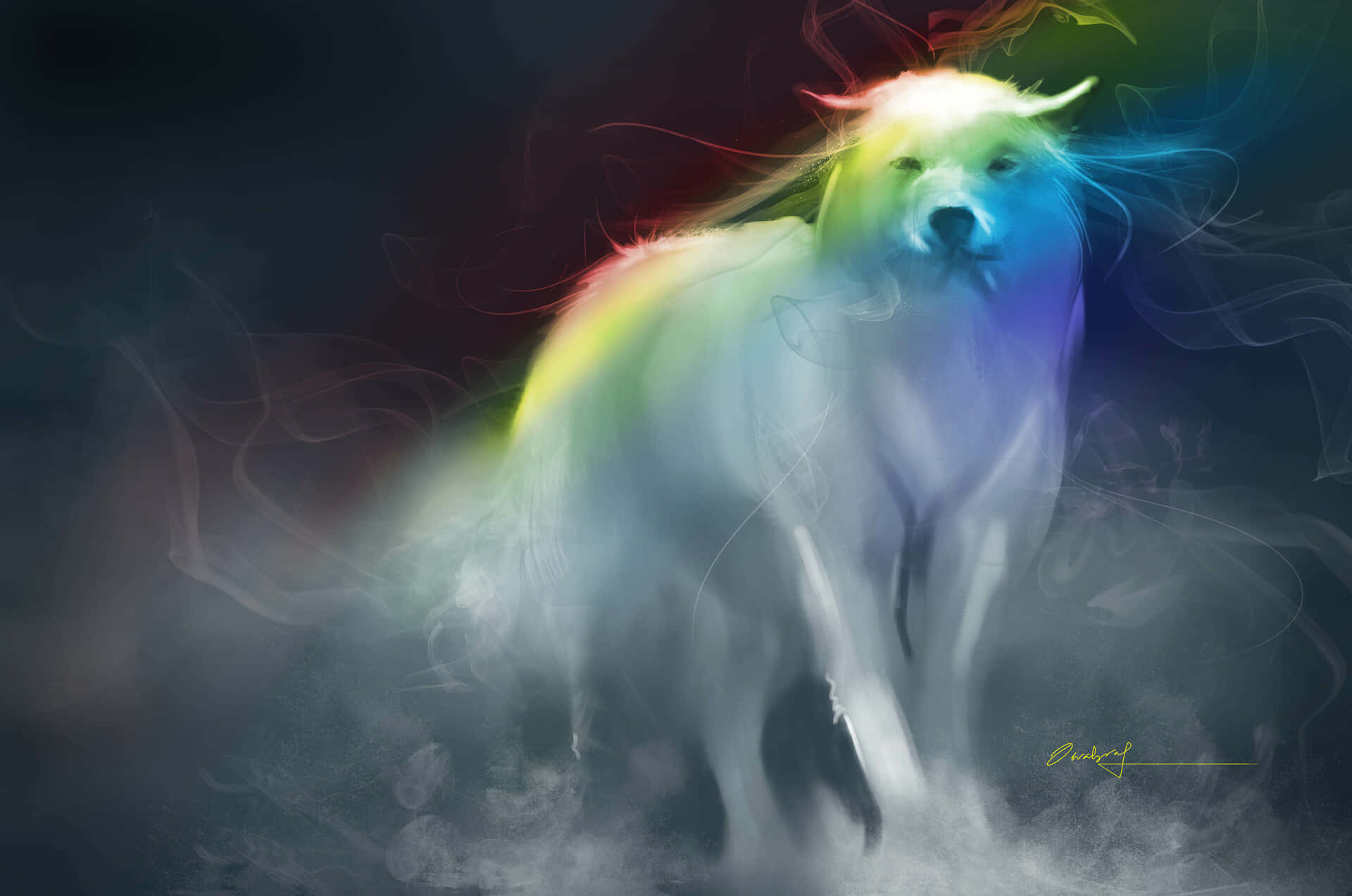 A Majestic Rainbow Wolf Standing In A Surreal Icy Wonderland Background