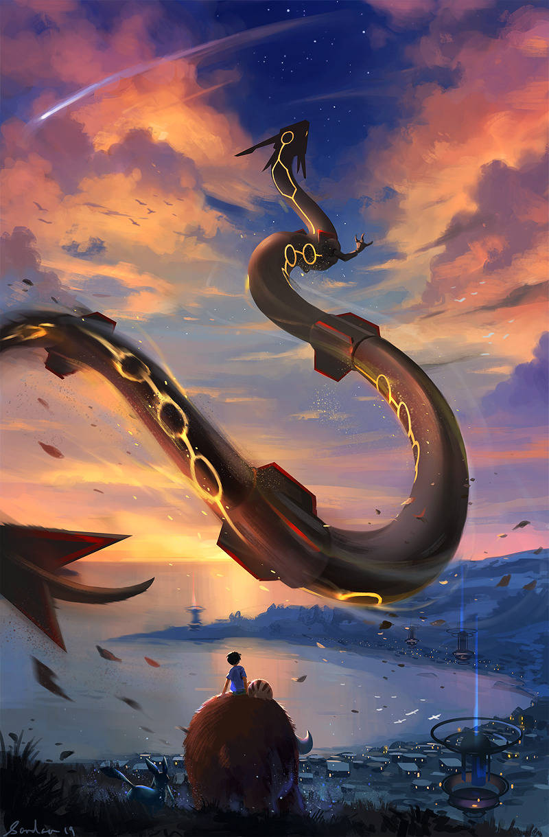 A Majestic Rayquaza Bathed In The Golden Light Of A Majestic Sunset. Background