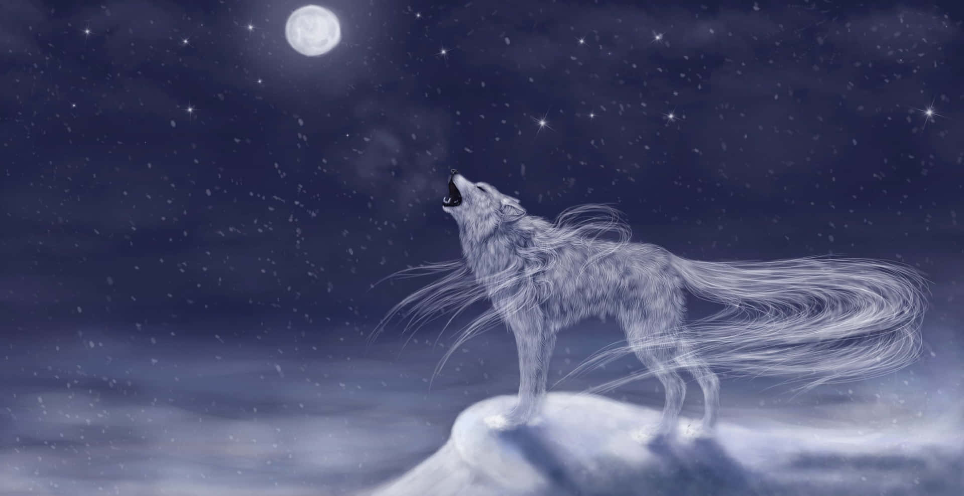 A Majestic Scene Of A Wolf Howling Under A Full Moon Background