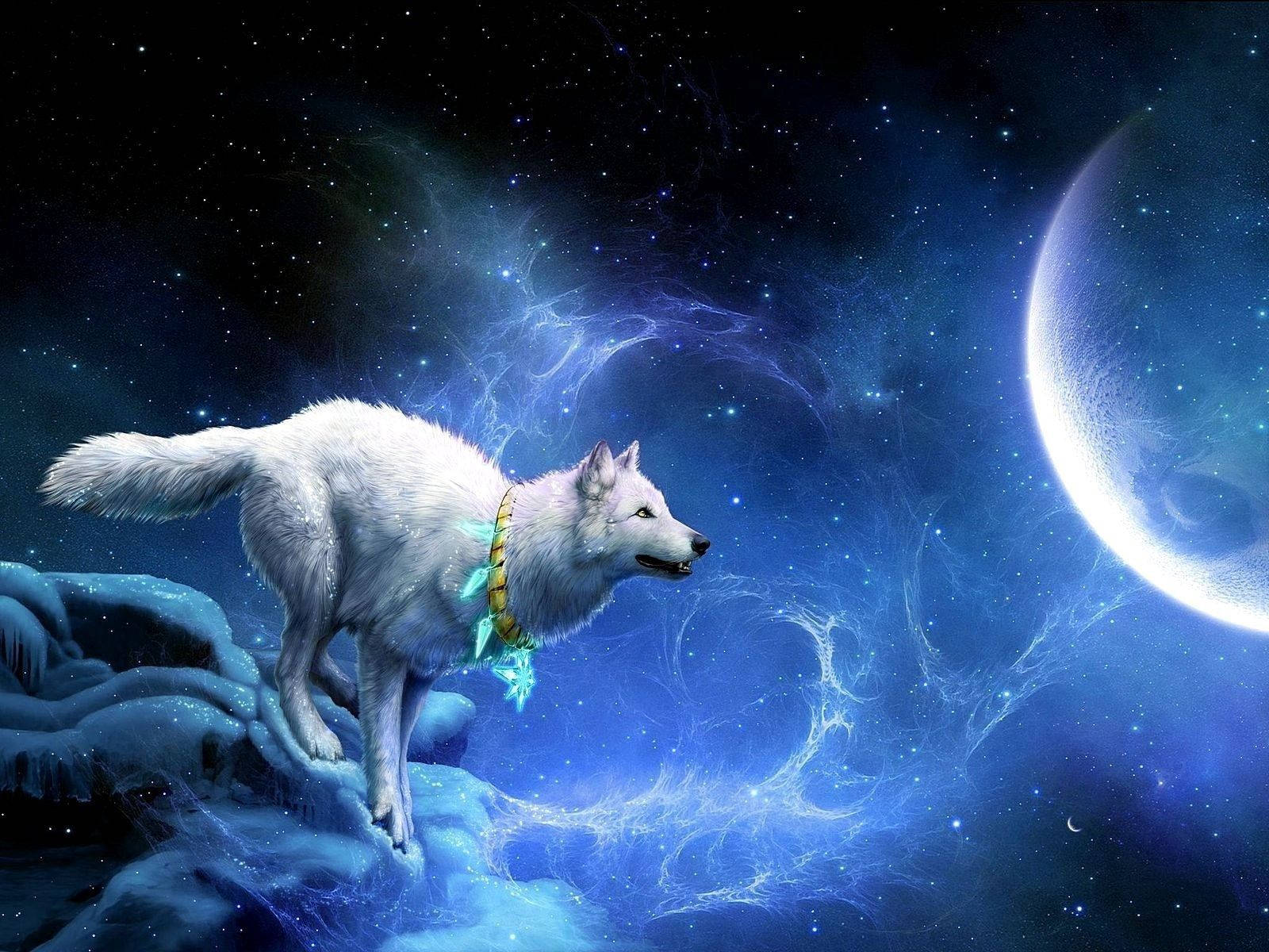 A Majestic White Wolf Howling At A Full Moon. Background