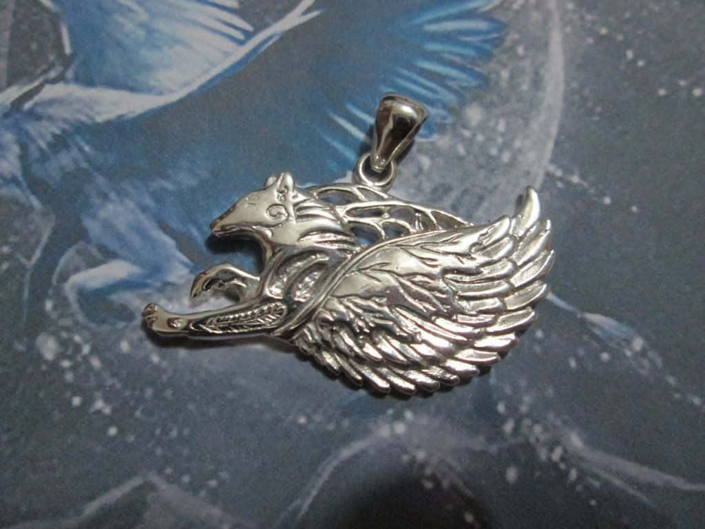 A Majestic Wolf Flying Through The Air, Wings Spread And Fur Shimmering In The Light.