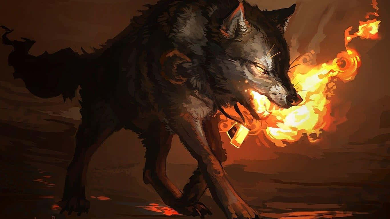 A Majestic Wolf Stands Between The Powers Of Water And Fire Background