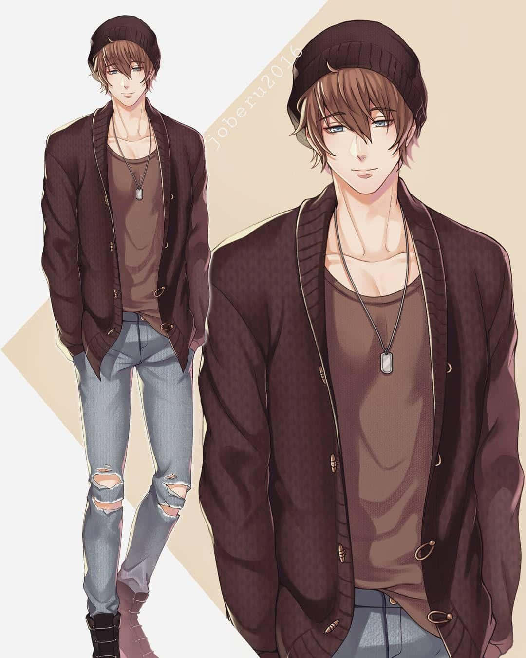 A Male Anime Character In A Brown Jacket And Jeans