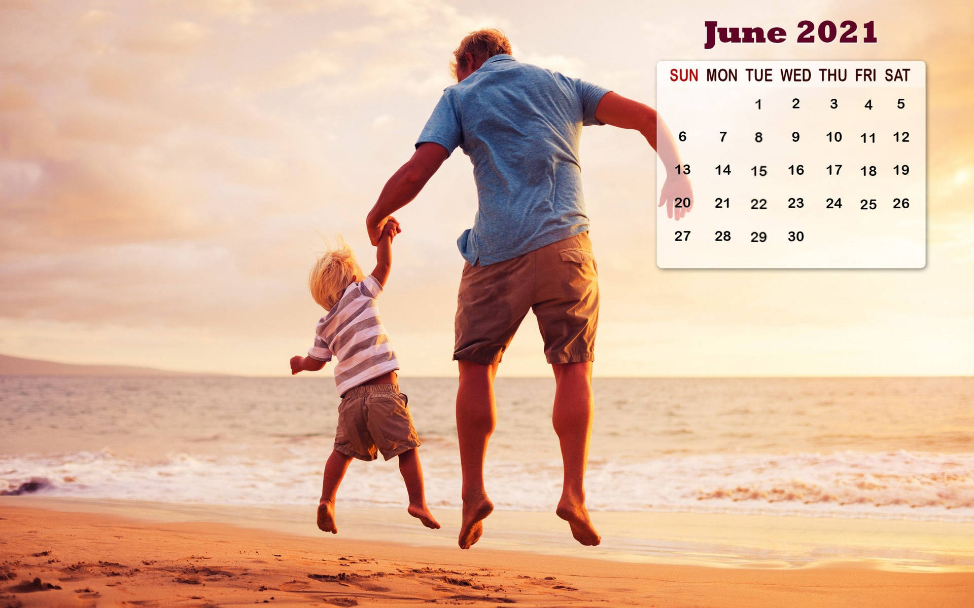 A Man And A Child Are Jumping On The Beach Background