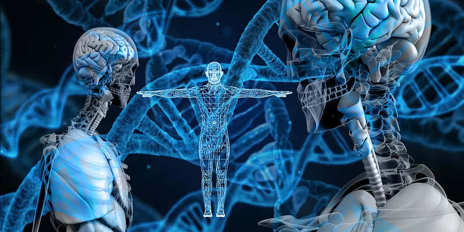 A Man And A Woman Are Standing In Front Of A Dna Strand Background