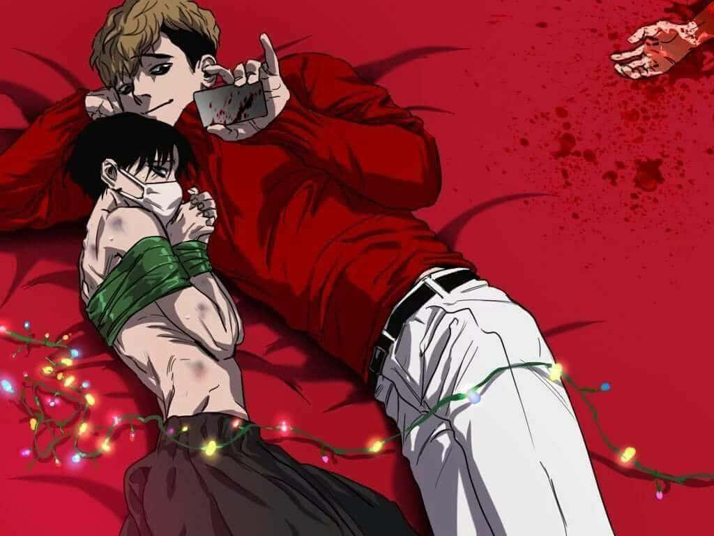 A Man And A Woman Laying On A Bed Background
