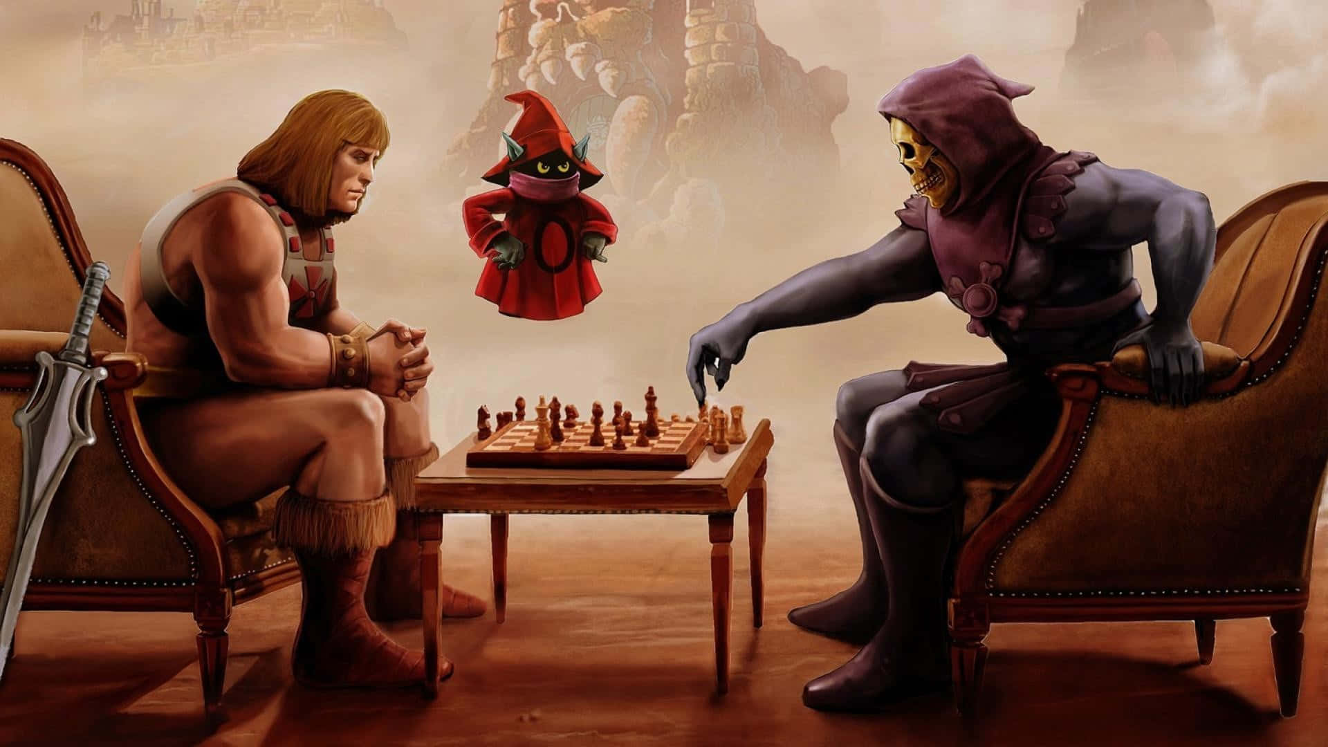 A Man And Woman Are Playing Chess In A Chair Background