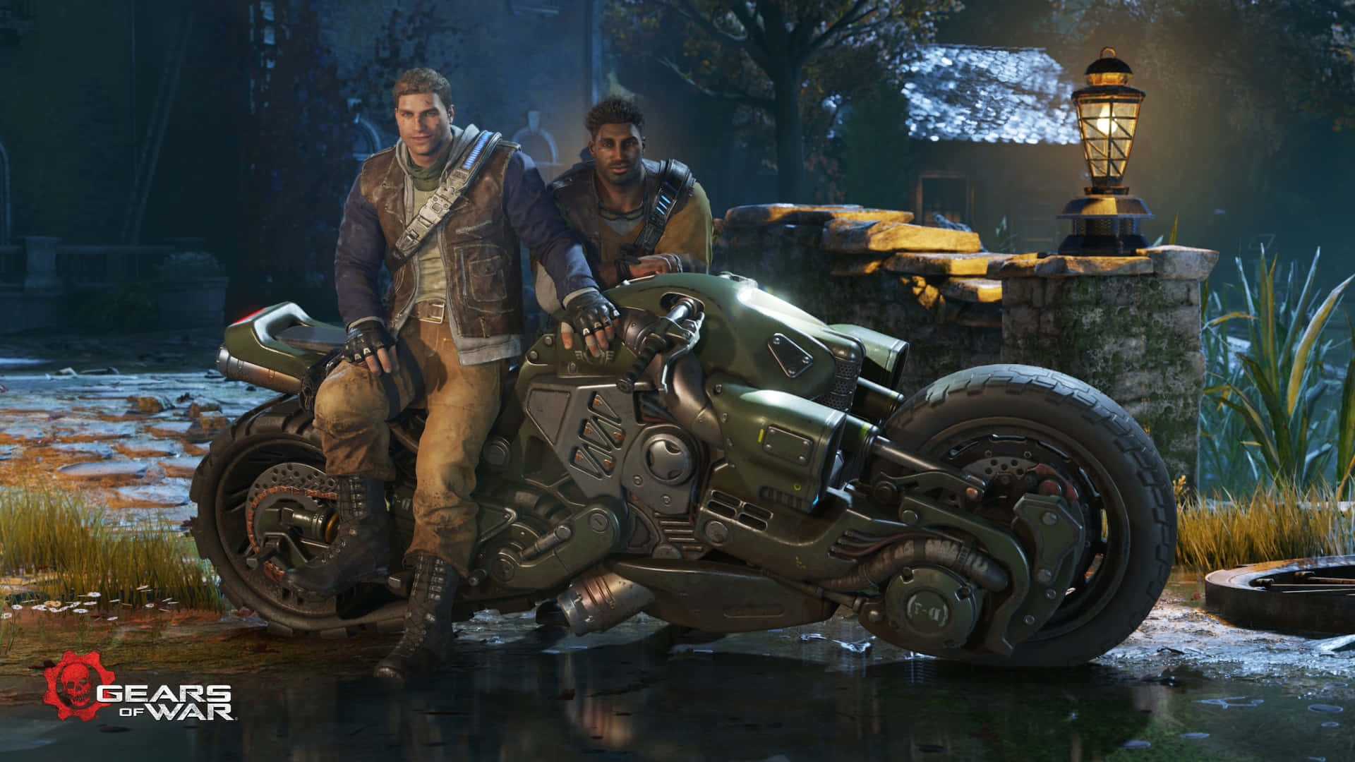 A Man And Woman Are Sitting On A Motorcycle In A Dark Environment Background