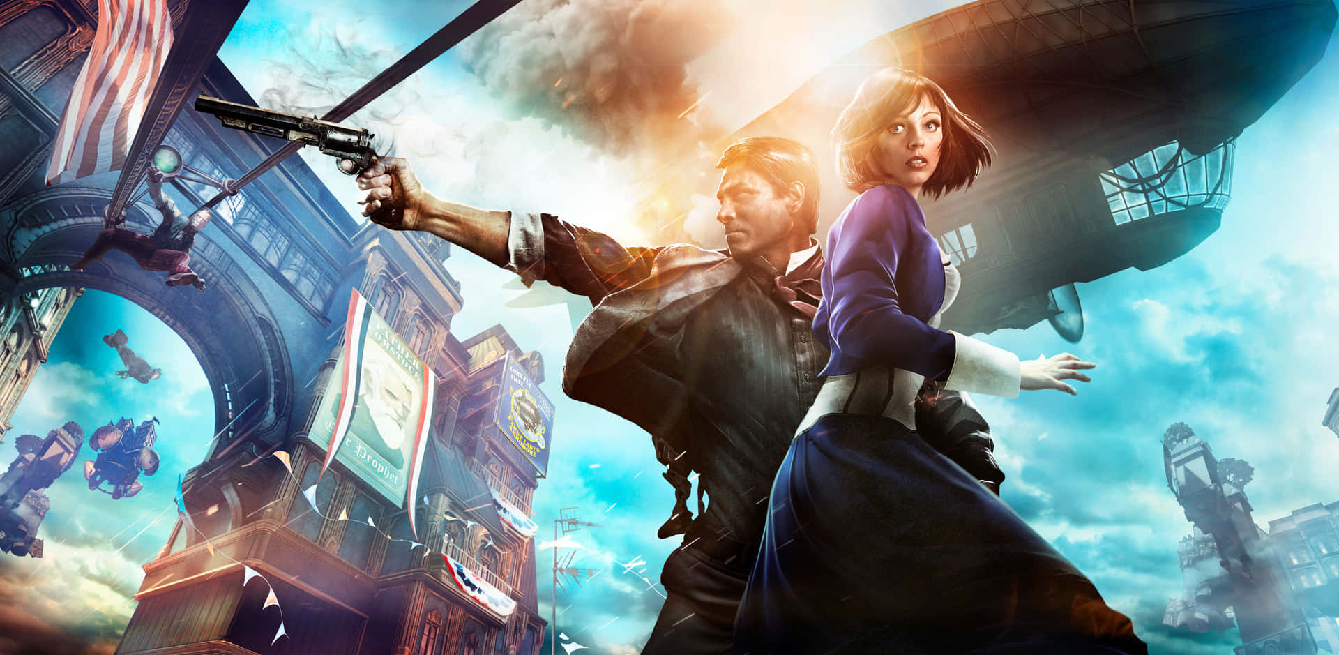 A Man And Woman Holding Guns In Front Of A City Background