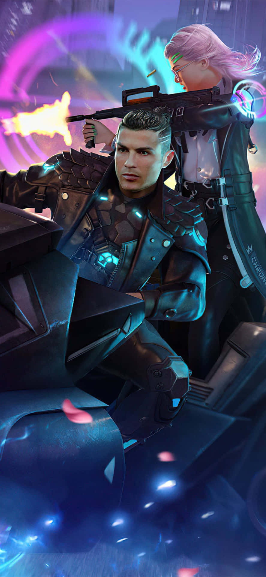 A Man And Woman Riding A Motorcycle In A City Background