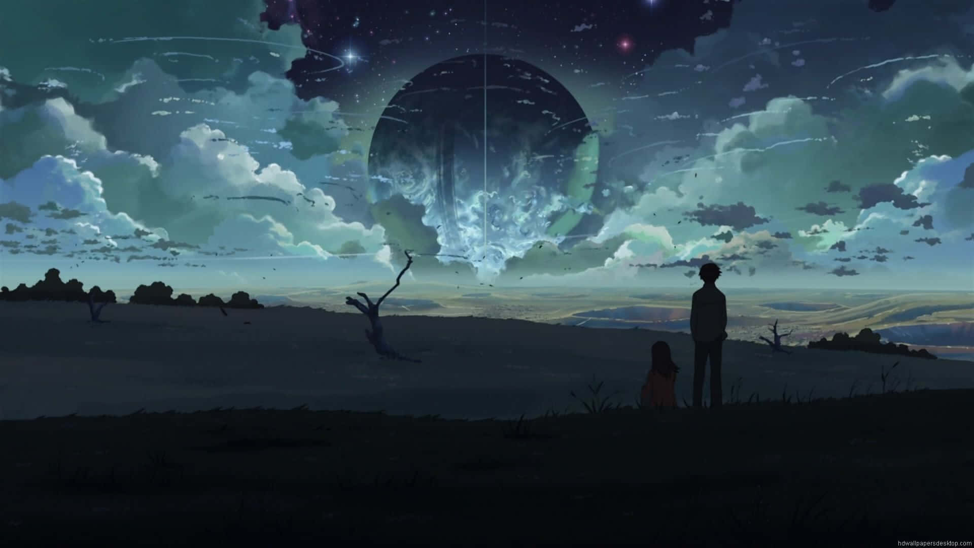 A Man And Woman Standing In A Field Looking At A Large Spaceship