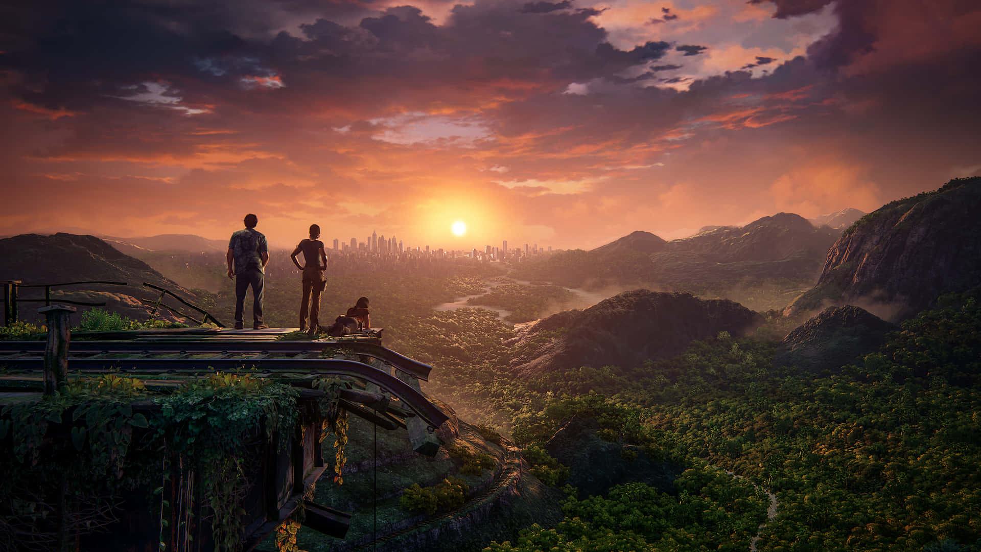 A Man And Woman Standing On A Cliff Overlooking A City Background