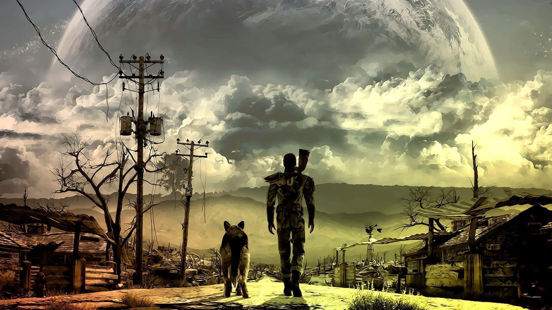 A Man And Woman Walking Down A Street With A Large Moon Background