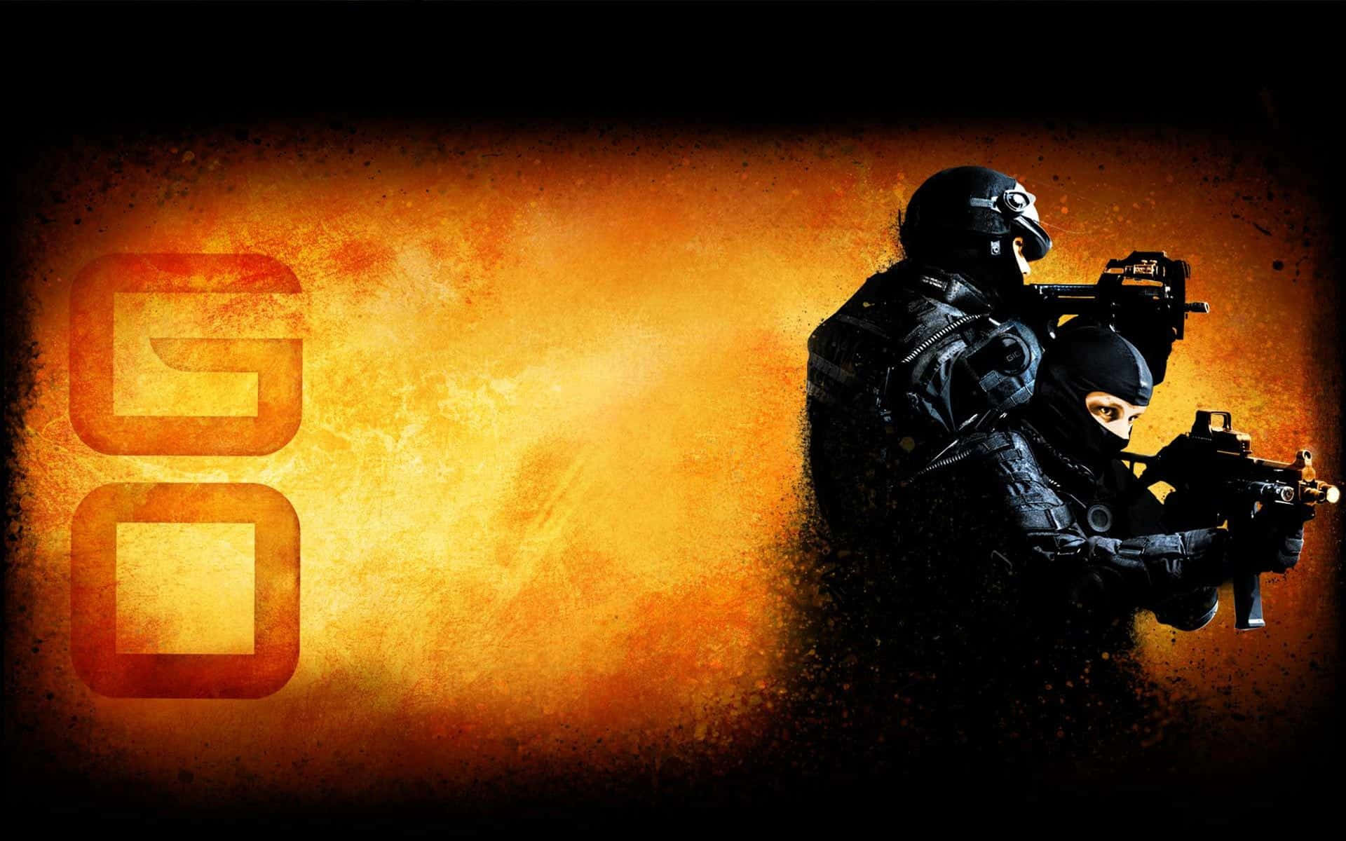 A Man And Woman With Guns In Front Of An Orange Background Background