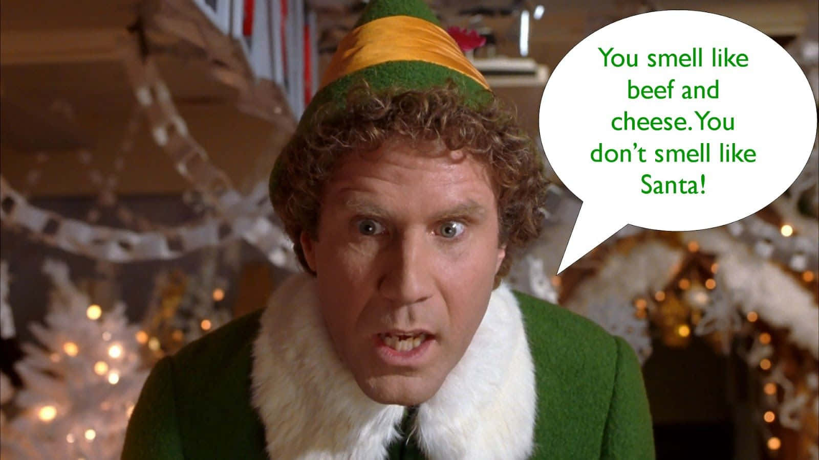 A Man Dressed As An Elf With A Speech Bubble Background