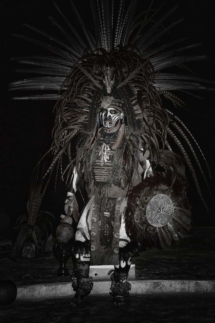 A Man Dressed In A Feathered Costume Is Standing In The Dark Background