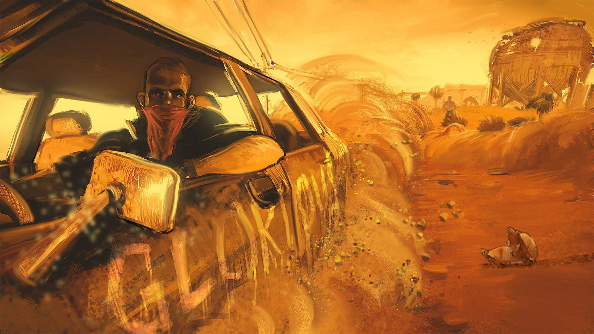 A Man Driving A Car In The Desert Background