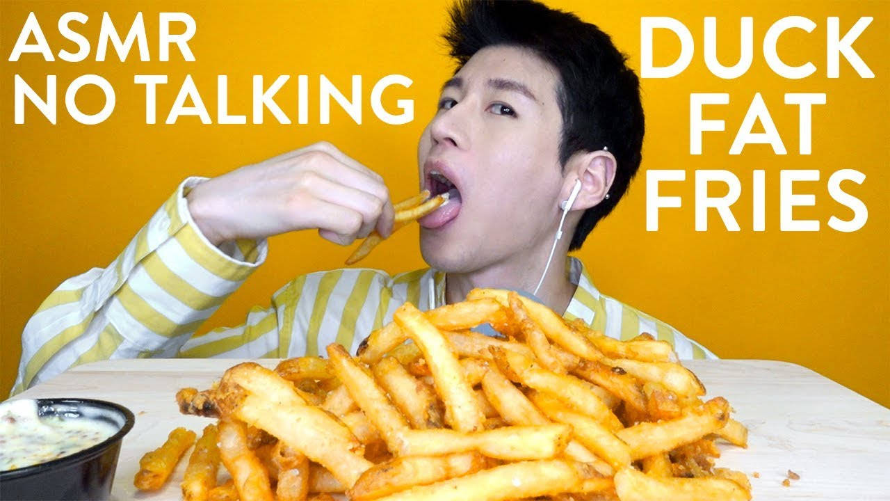 A Man Eating French Fries With The Words Asmr Duck No Talking Fat Fries