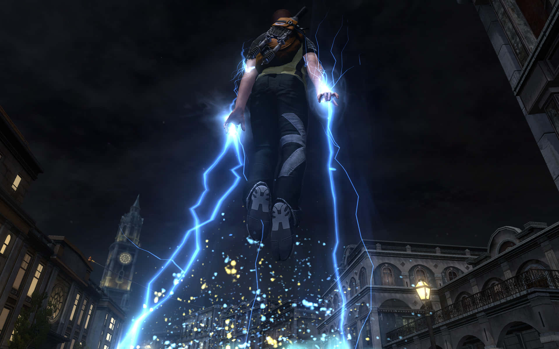 A Man Floating In The Air With Lightning Hands