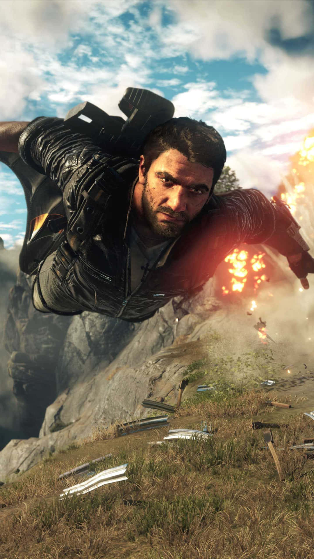 A Man Flying Over A Mountain With A Gun Background