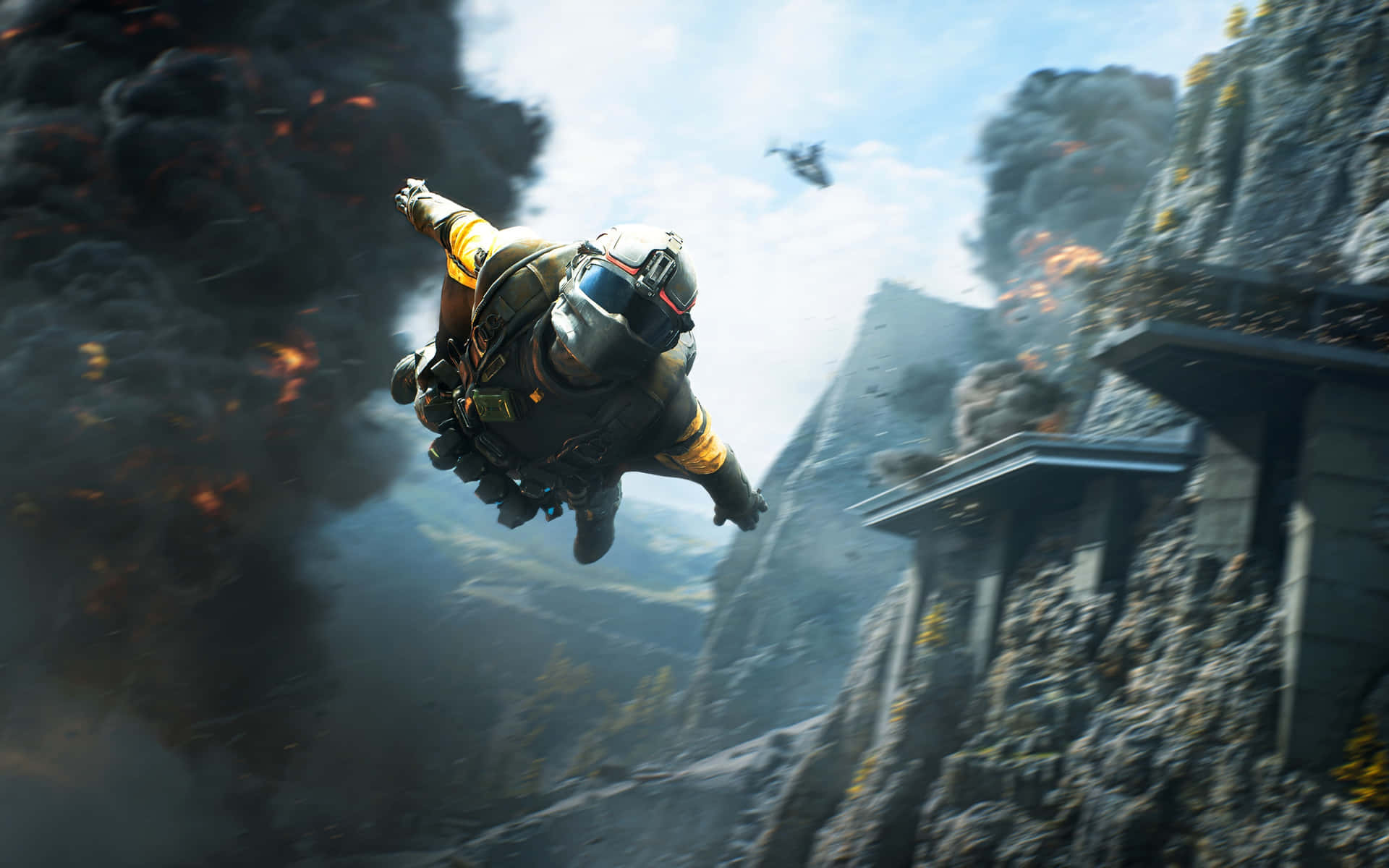 A Man Flying Over A Mountain With Smoke Coming Out Of His Mouth Background