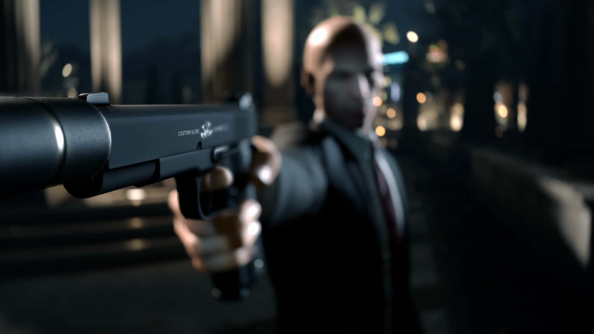 A Man Holding A Gun In A Dark Night Scene Background