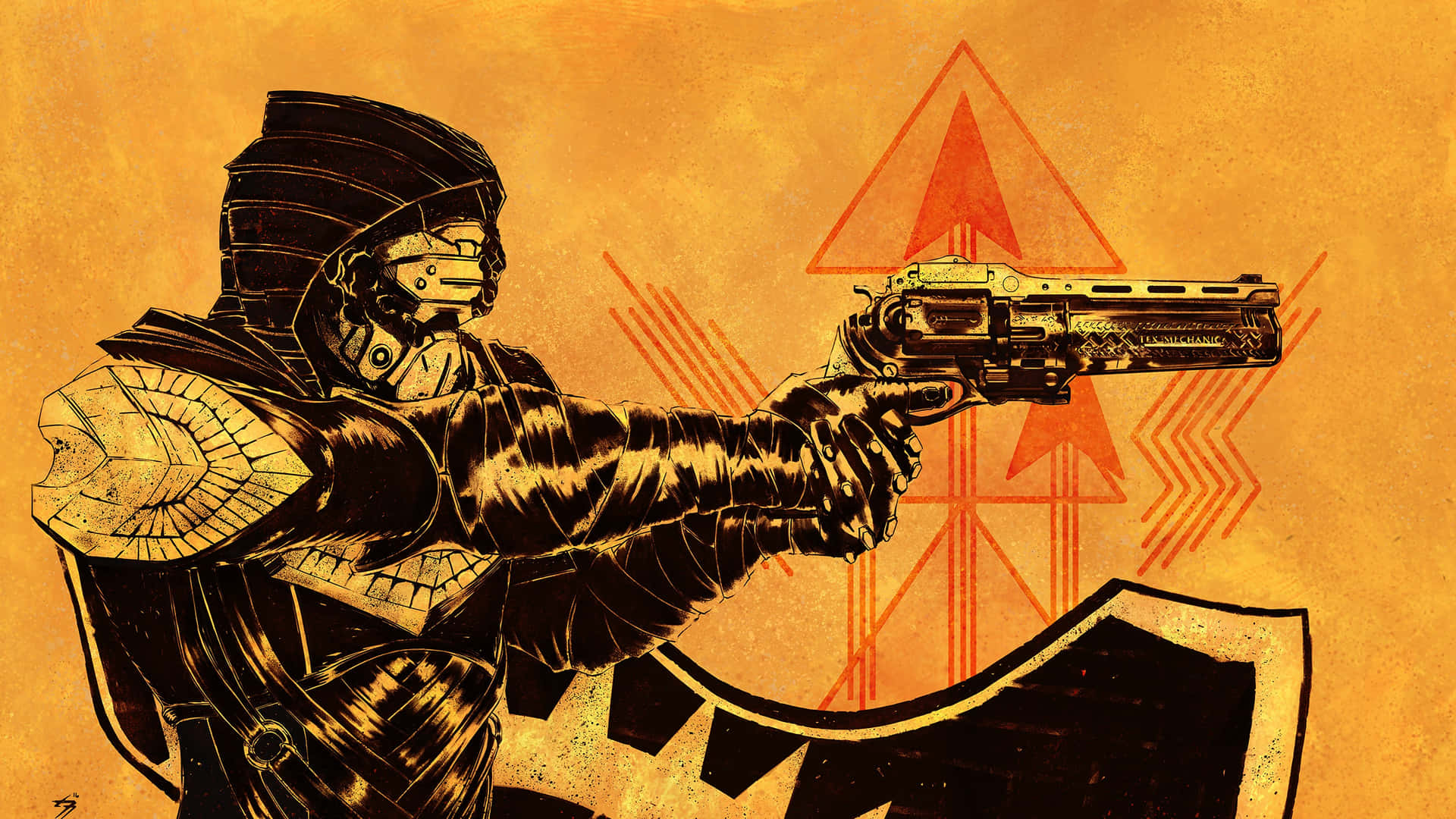 A Man Holding A Gun In An Orange Background Background