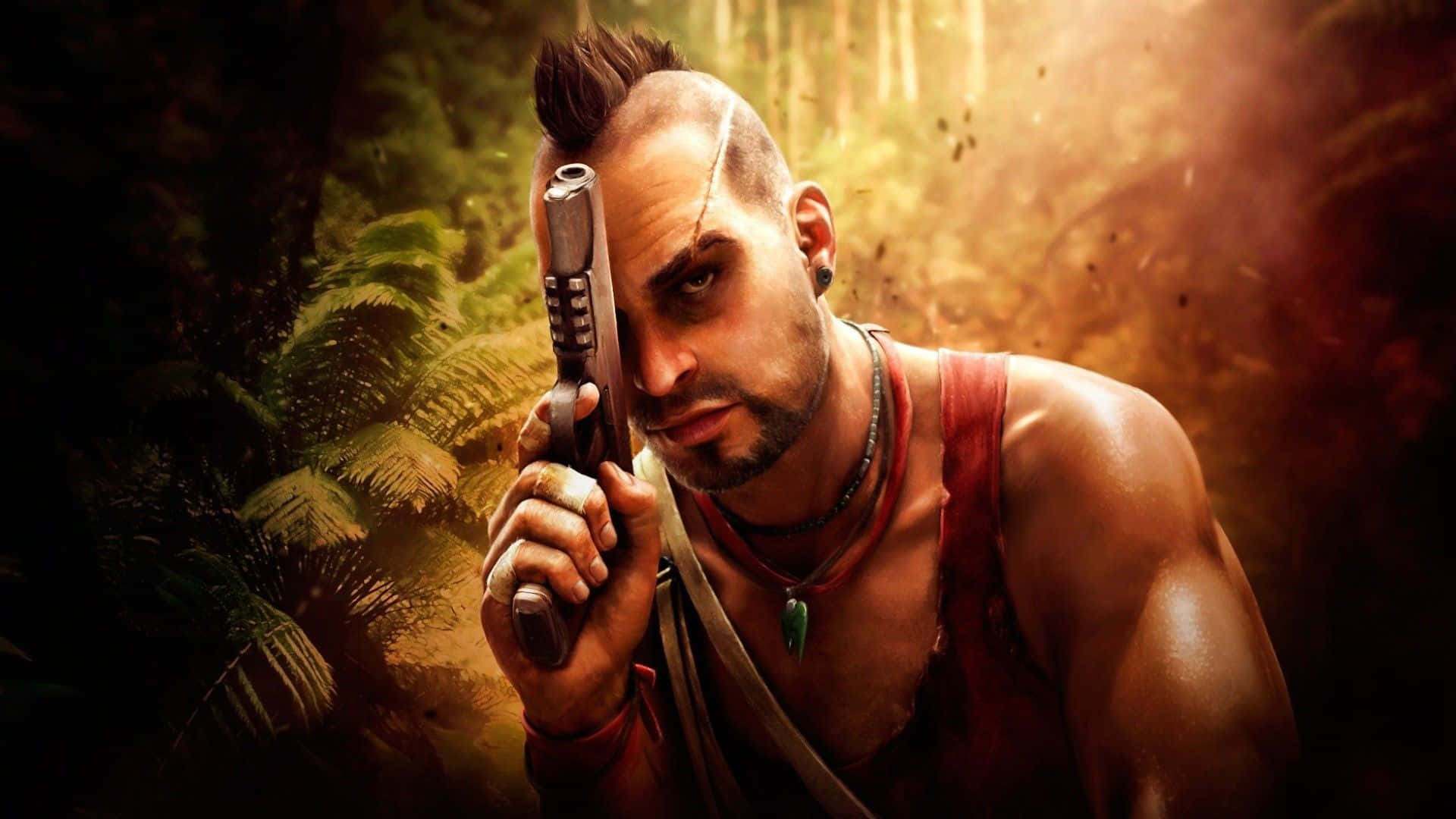 A Man Holding A Gun In The Jungle Background