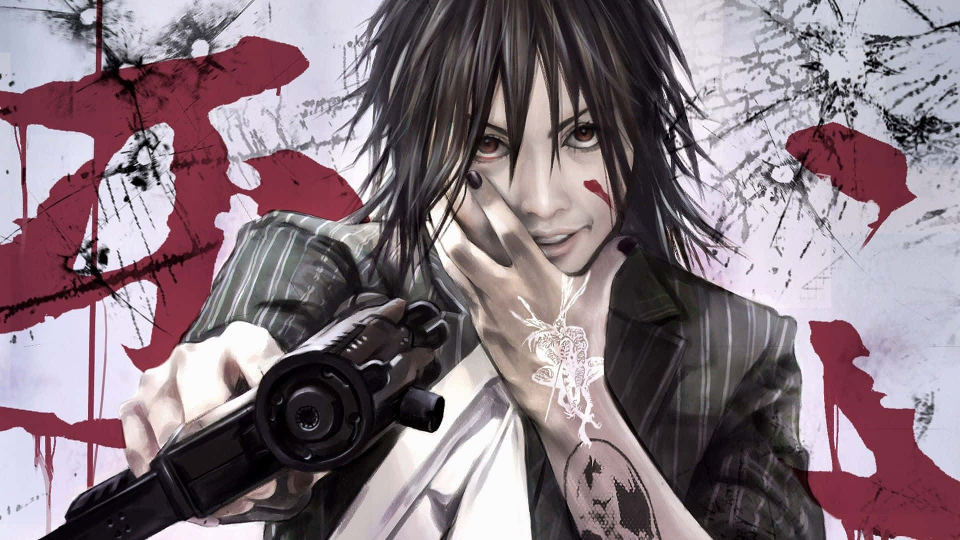 A Man Holding A Gun With Blood On It Background