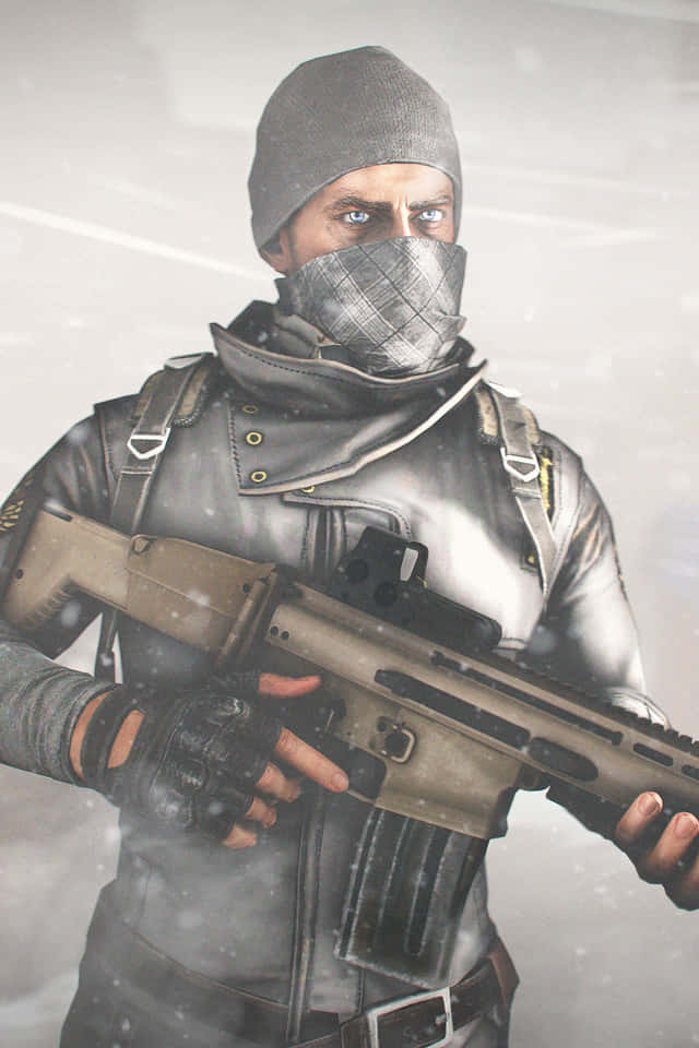 A Man Holding A Rifle In The Snow Background