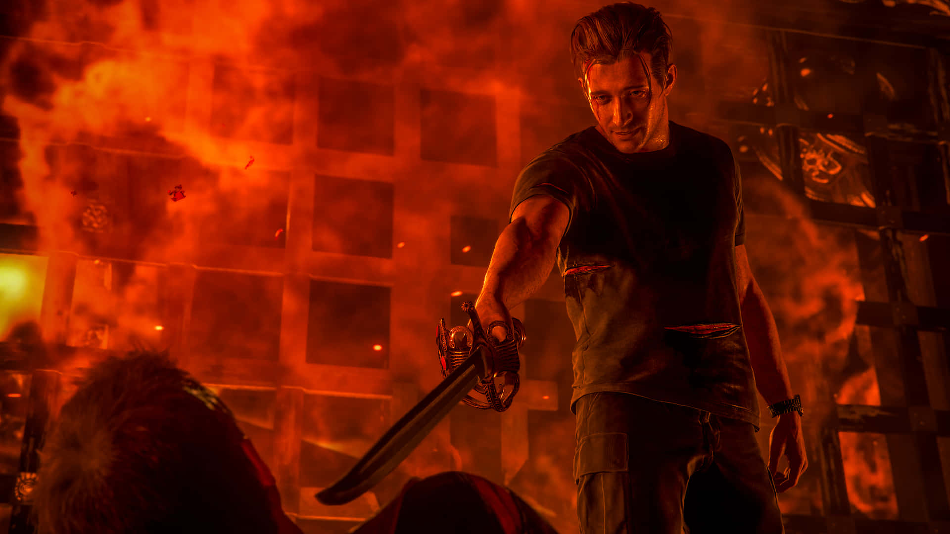 A Man Holding A Sword In Front Of A Fire Background