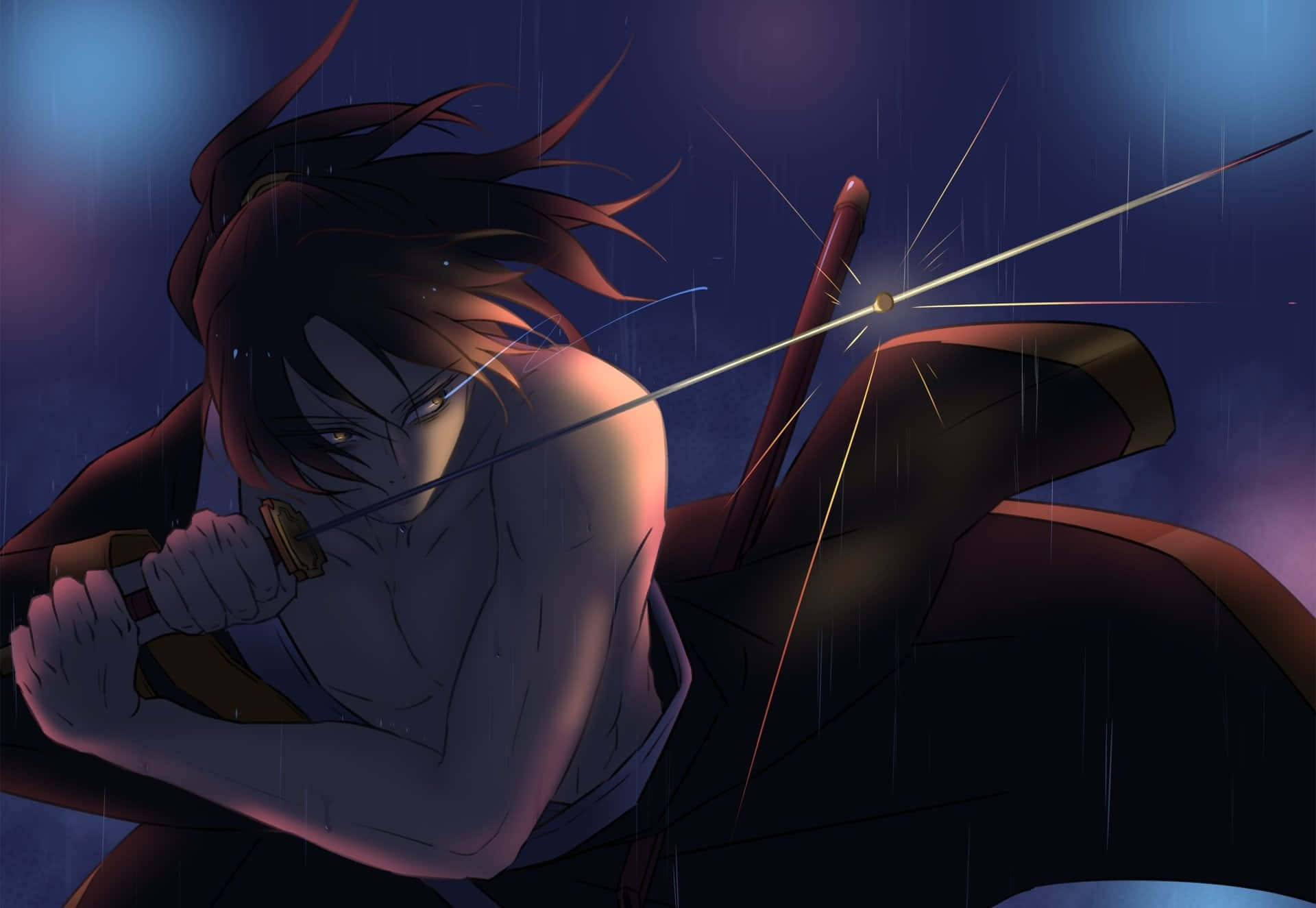 A Man Holding A Sword In The Rain