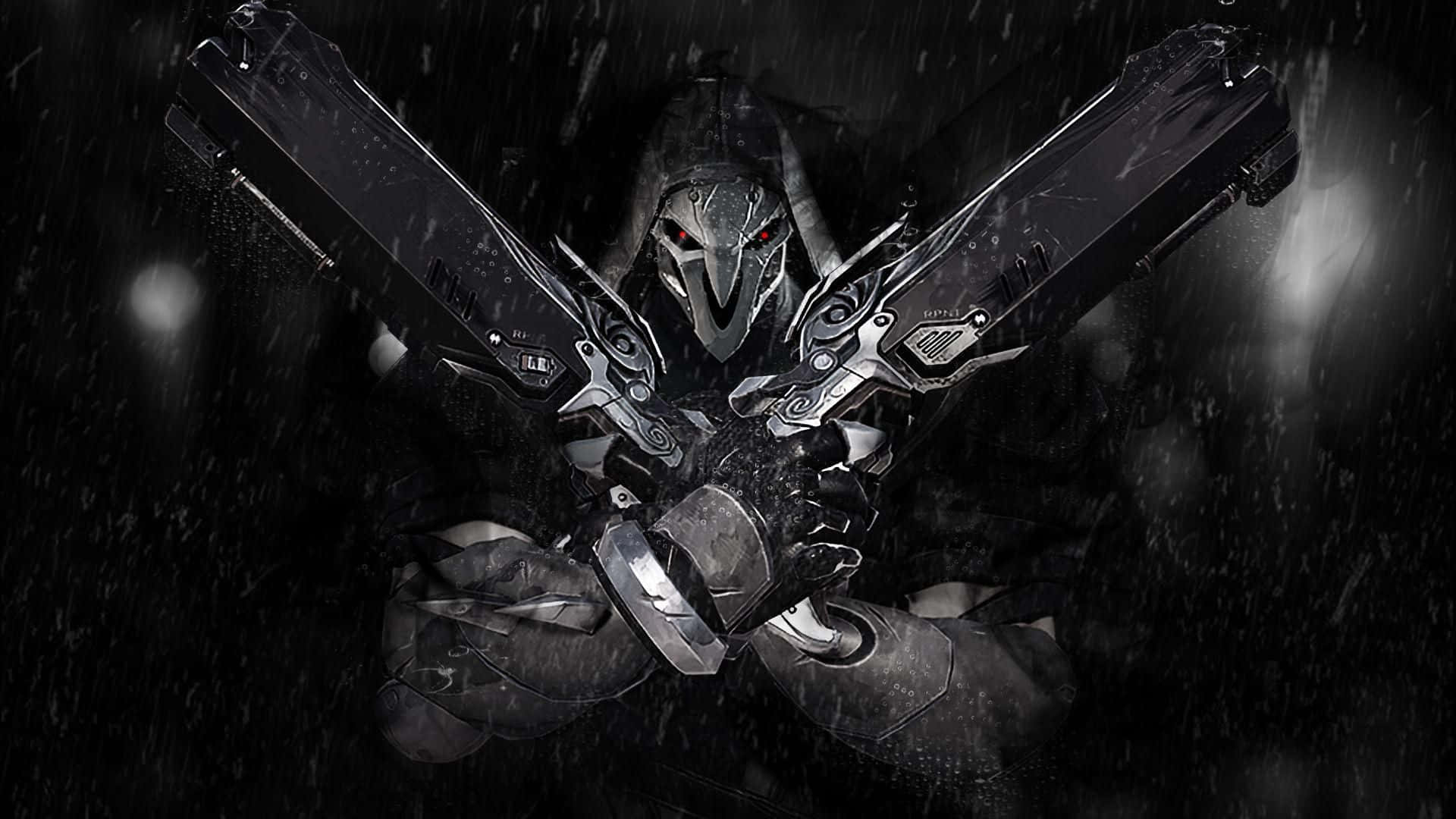 A Man Holding Two Guns In The Dark Background