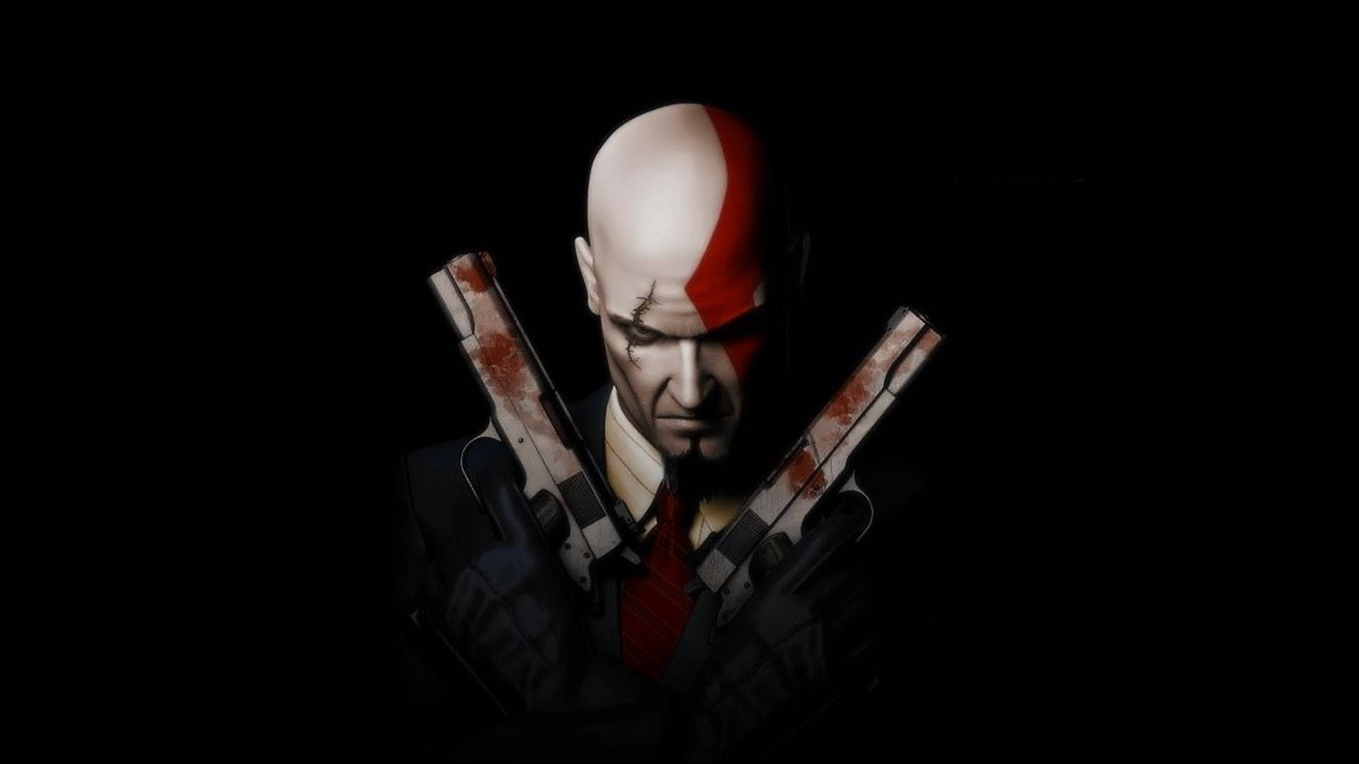 A Man Holding Two Guns On A Black Background