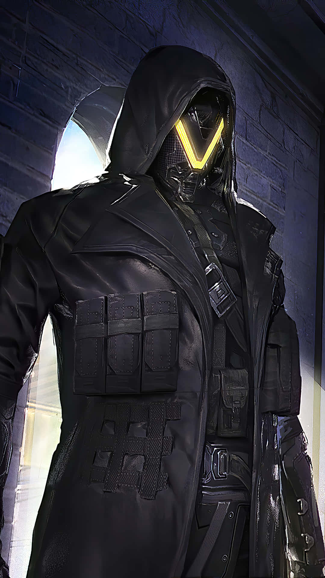 A Man In A Black Coat Is Standing In Front Of A Building Background