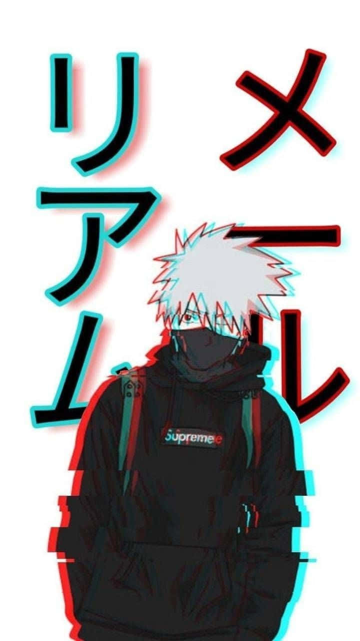 A Man In A Black Jacket With Japanese Writing Background